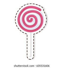 Swirl lollipop candy patch isolated on white. Sweet pink spiral sugar dessert on stick, lolly bonbon icon vector. Confectionery striped treat