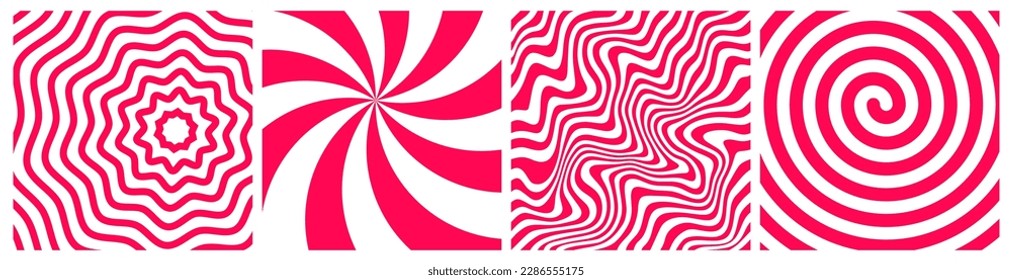 Swirl Lollipop Candy Pattern. Sweet Vector Cartoon Backgrounds Set. Spiral, Sunburst and Wavy Textures