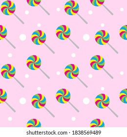 Swirl lollipop patrón sin fisuras sobre fondo de color rosa. Ilustración colorida vectorial para halloween , navidades o antecedentes de año nuevo