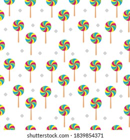 Swirl lollipop seamless pattern on white color background. Colorful vector illustration. Design template. Suitable for birthday, halloween, christmas or new year event