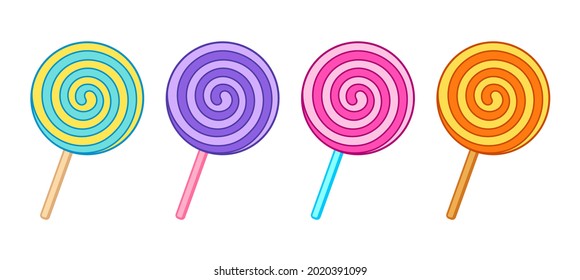 Swirl lollipop, spiral candy set vector illustration isolated