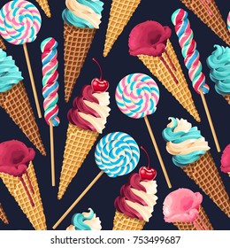 Swirl lollipops and icecream vector seamless background