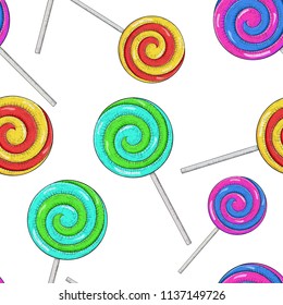 Swirl lollipops as seamless pattern. Colored hand drawn sketch. Vector illustration