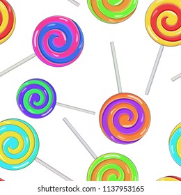 Swirl lollipops as seamless pattern. Colored background. Vector illustration