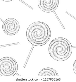 Swirl lollipops as seamless pattern. Hand drawn sketch. Vector illustration