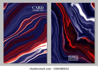 Swirl marble or liquid marble card template in blue and red theme	