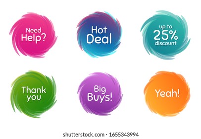 Swirl motion circles. Hot deal, 25% discount and need help. Thank you phrase. Sale shopping text. Twisting bubbles with phrases. Spiral texting boxes. Big buys slogan. Vector
