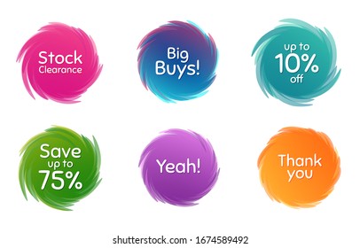 Swirl motion circles. Save 75%, 10% discount and stock clearance. Thank you phrase. Sale shopping text. Twisting bubbles with phrases. Spiral texting boxes. Big buys slogan. Vector