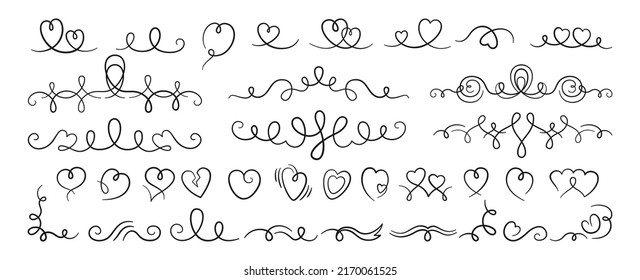 Swirl ornament and divider filigree calligraphic set. Modern frame wedding decor, romantic decorative swirles scroll. Vintage borders curls flourishes decoration. Element design for menu, invitation