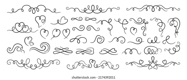 Swirl ornament and divider filigree calligraphic set. Vintage borders curls flourishes decoration. Modern frame wedding decor, romantic decorative swirles scroll. Element design for menu, invitation