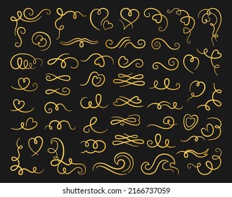 Swirl ornament filigree calligraphic gold set. Vintage swirling curls flourishes golden decoration. Modern wedding decor, classic decorative scroll element design. Divider for menu, invitation card