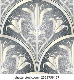 Swirl ornament, hand drawn silver flowers. Seamless floral pattern-421.