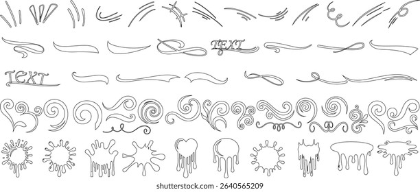 Swirl ornament, ink splatter, and flourish divider vector set in outline style