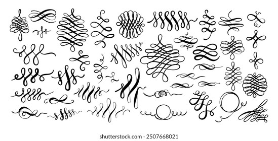 Swirl ornament, monogram and curl set. Vector illustration. Lettering elements