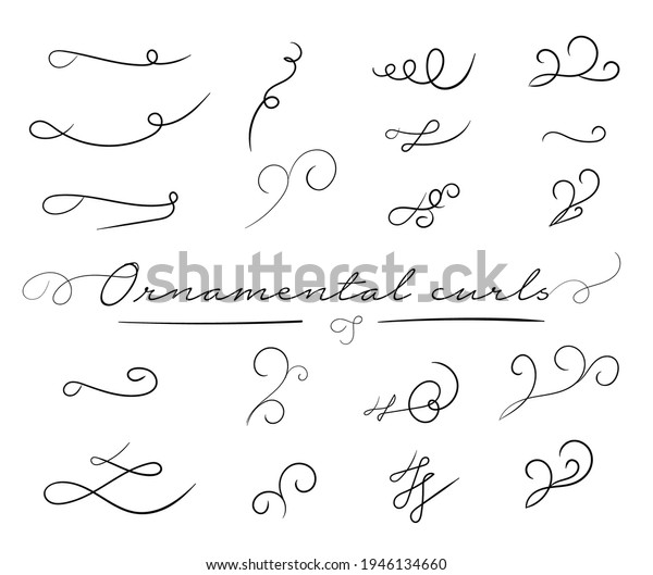 Swirl ornament stroke hand drawn. Ornamental curls\
with pen, swirls divider and filigree ornaments vector illustration\
set. Black on white