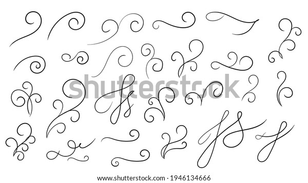 Swirl ornament stroke hand drawn. Ornamental curls\
with pen, swirls divider and filigree ornaments vector illustration\
set. Black on white