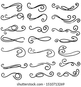 Swirl ornament stroke. Ornamental curls, swirls divider and filigree ornaments handdrawn doodle style vector