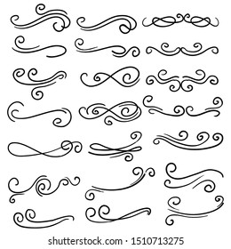 Swirl ornament stroke. Ornamental curls, swirls divider and filigree ornaments handdrawn doodle style vector