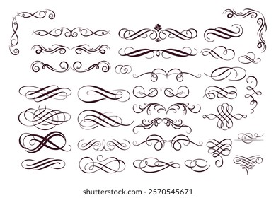 Swirl ornament strokes. Filigree swirl decoration, vintage scroll swirls. Hand-drawn curly line dividers, wedding decor swirl ornament. Medieval decorative isolated vector illustration symbols set