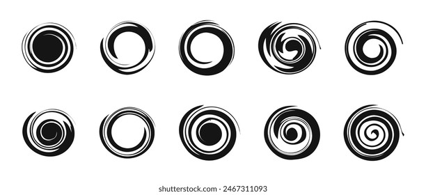 Swirl paint brush vector set. Spiral scetch drawing illustration.