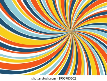 Swirl pattern background. 1970s style. Spiral striped design with retro colors palette.