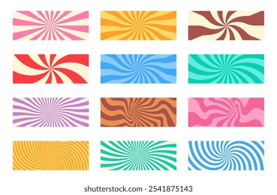 Colección de patrón de remolino. Conjunto de fondos de rectángulo Horizontal retorcido. Abstractas fondo de caramelo colorido.