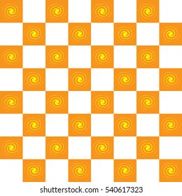 Swirl pattern on checkerboard, seamless editable vector background - white and orange