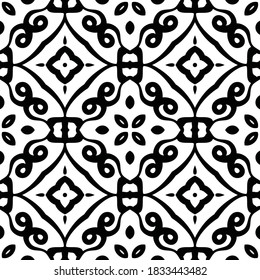 Patrón giratorio. Ornamento blanco y negro inmaculado. Impresión decorativa con curry. Ilustración oriental vintage