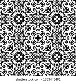Swirl pattern. Seamless black and white ornament. Curly decorative print. Vintage oriental illustration