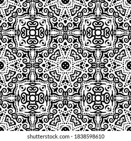 Swirl pattern. Seamless black and white ornament. Curly decorative print. Vintage oriental illustration