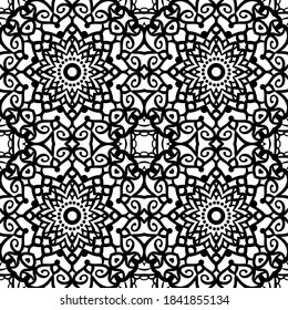 Swirl pattern. Seamless black and white ornament. Curly decorative print. Vintage oriental illustration