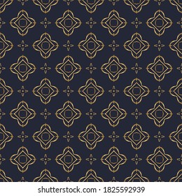 Swirl pattern. Seamless gold and navy blue ornament. 3D effect scroll decorative print. Vintage oriental illustration
