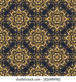 Swirl pattern. Seamless gold and navy blue ornament. 3D effect scroll decorative print. Vintage oriental illustration
