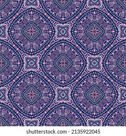 Swirl Pattern Vector. Blue and pink background with purple abstract flowers. Flourish symmetrical ornament