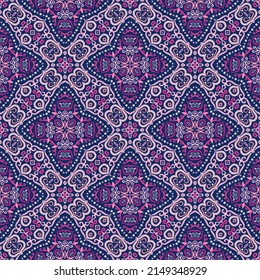 Swirl Pattern Vector. Vintage blue and pink background with purple abstract flowers. Flourish symmetrical ornament with beads, oriental motif