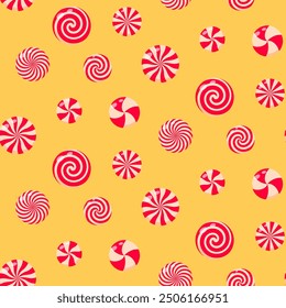 Swirl peppermint candies seamless pattern. Cute Christmas sweet candy design. Good for wrapping paper, background, fabric.