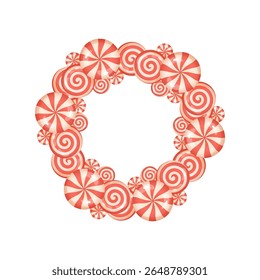 Swirl peppermint candy Christmas wreath in festive round layout