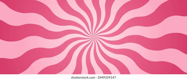 Swirl pink candy background. Spiral strawberry vector sunburst with cream texture. Cute cartoon wallpaper. Sweet marshmallow and lollipop radial twist and vortex. Abstract sunbeam illustration