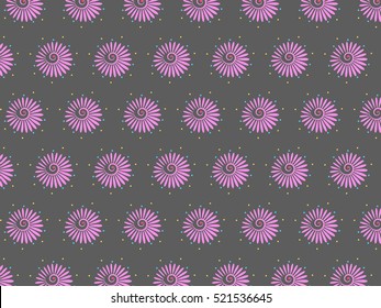Swirl pink flowers pattern with dots around on dark gray background suitable for wrapping paper