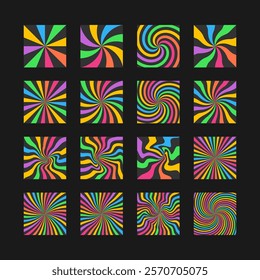 Swirl Rainbow Dark Backgrounds Collection. Abstract Spiral Backdrop. Sunburst Wallpaper.