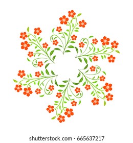 Swirl red flowers with green leaves on white background