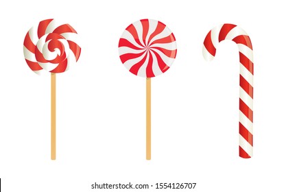 Swirl red and white lollipop set. vector