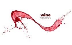 Swirl Red Wine Or Juice Wave Flow With Drops, Isolated Liquid Splash Of Alcohol Or Juicy Drink. Vector Splashing Merlot, Bordeaux, Cabernet, Liquor With Spray Droplets. Realistic Alcohol Beverage