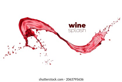 Swirl red wine or juice wave flow with drops, isolated liquid splash of alcohol or juicy drink. Vector splashing merlot, bordeaux, cabernet, liquor with spray droplets. Realistic alcohol beverage