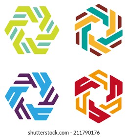 Swirl, rotation logo element. Abstract hexagon pattern. Colorful icons set.  You can use in the machine, commerce, medical and communication concept of pattern. "p", "f", "b",  letters icon set. 