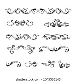 Swirl scroll elements. Text dividers hand drawn design elements. Filigree flourish elements. Wedding graphic vector illustration.