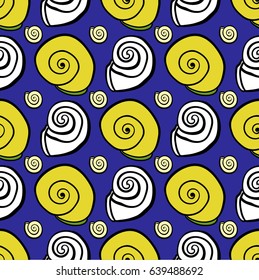 Swirl seashell illustration  seamless pattern. Blue and yellow colors sea motive decorative design.
