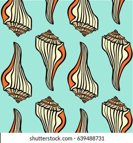 Swirl seashell illustration  seamless pattern. Sea design for decorations, textile, paper.