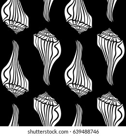 Swirl seashell illustration  seamless pattern. Monochrome sea design for decorations, textile, paper.