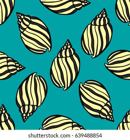 Swirl seashell illustration  seamless pattern. Blue color sea motive decorative design.